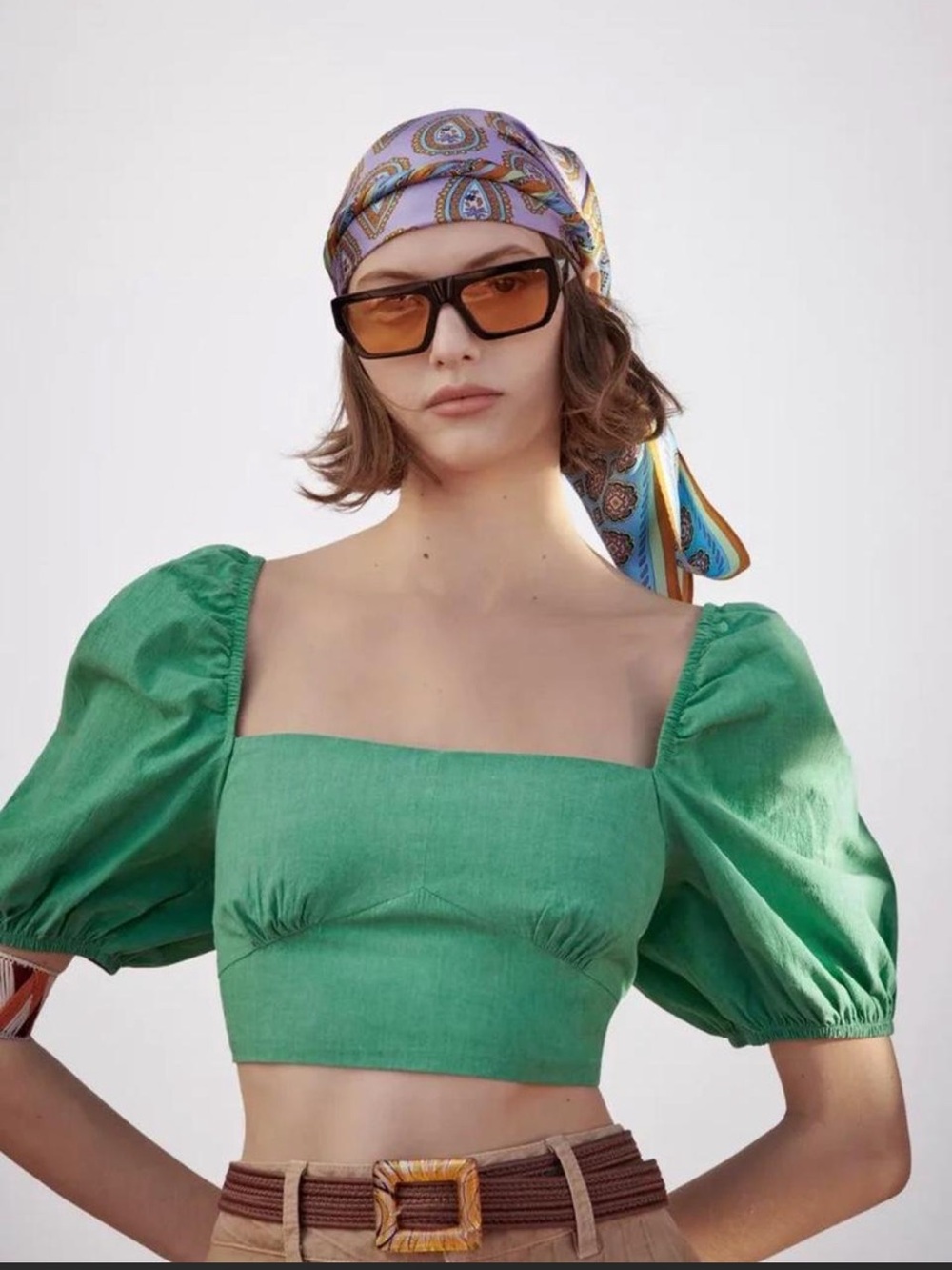 Zara Green Puff-Sleeve Crop Top